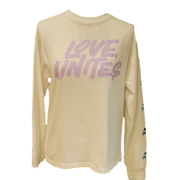 ADIDAS long sleeved white tshirt.  Unisex size small.  "LOVE UNITES" 🌈 - Picture 1 of 6
